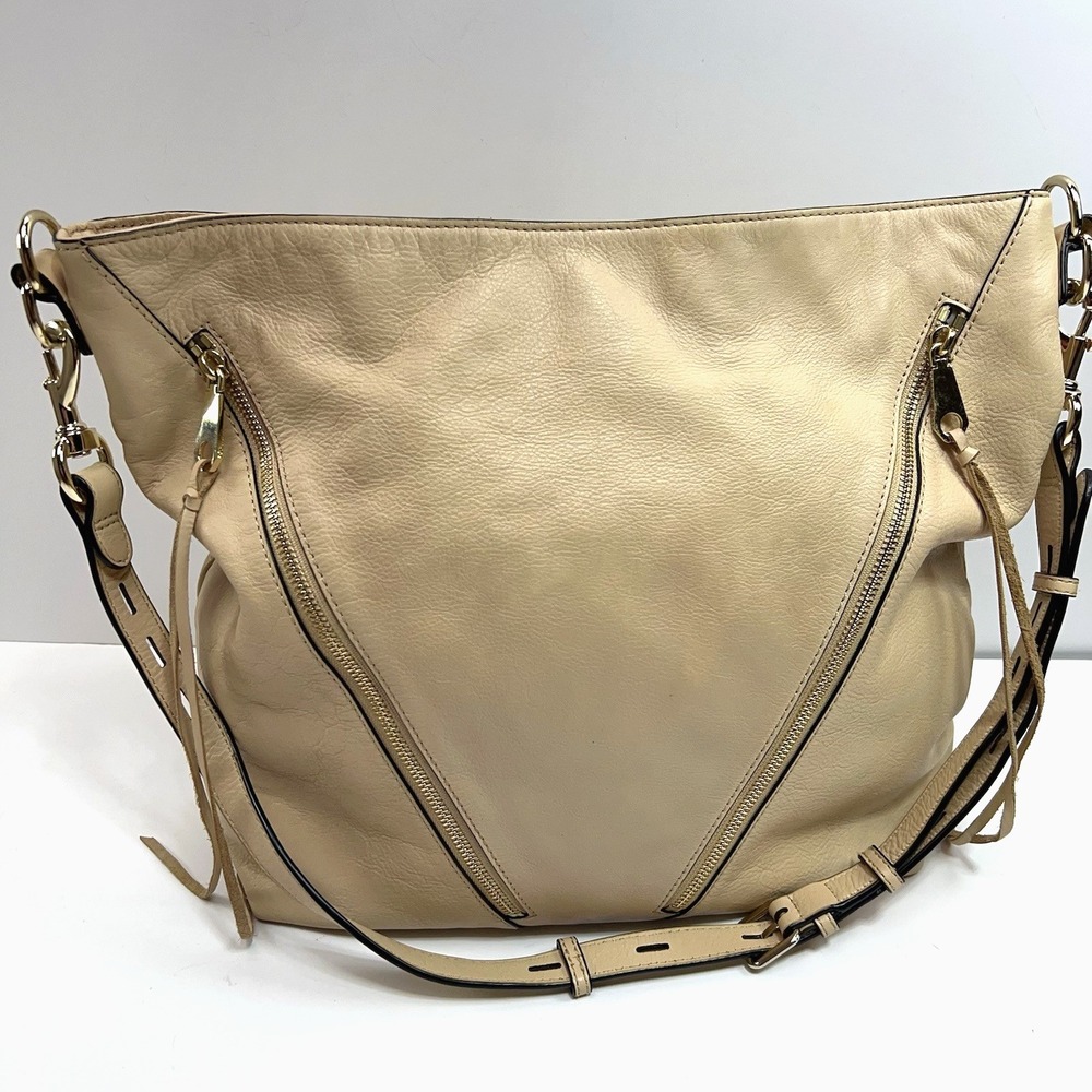 REBECCA MINKOFF Leather Hobo Bag Large Gold Zip Moto Shoulder Purse Tote Beige